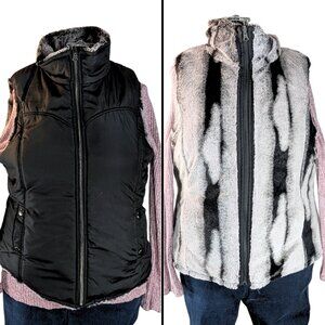 KC Collections XL Black Gray Reversible Full Zip Faux Fur Sleevless Vest Jacket